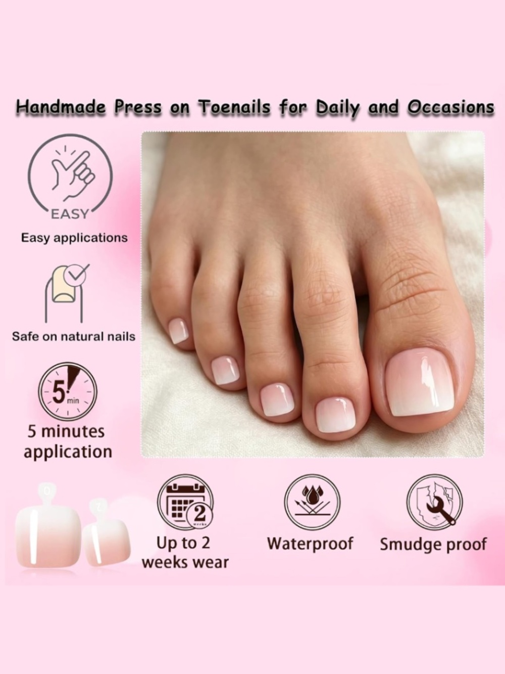 Ombré Nude Pink to White Press on Toenails 120 Nails - Picture 5 of 9